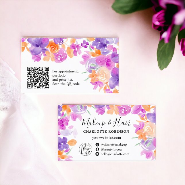 Lila Orange Boho Blume Blumenhaare Visitenkarte (Purple Orange Boho flowers floral makeup hair Business Card)