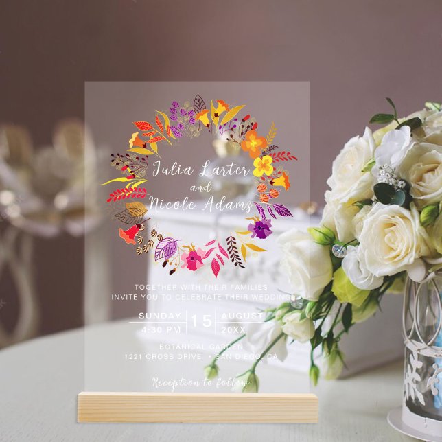 Lila Orange Boho Wildblume Foliage Hochzeit Acryleinladungen (Von Creator hochgeladen)