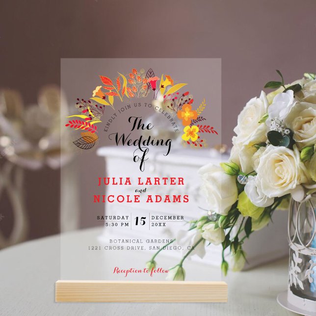 Lila Orange Boho Wildblume Foliage Hochzeit Acryleinladungen (Von Creator hochgeladen)