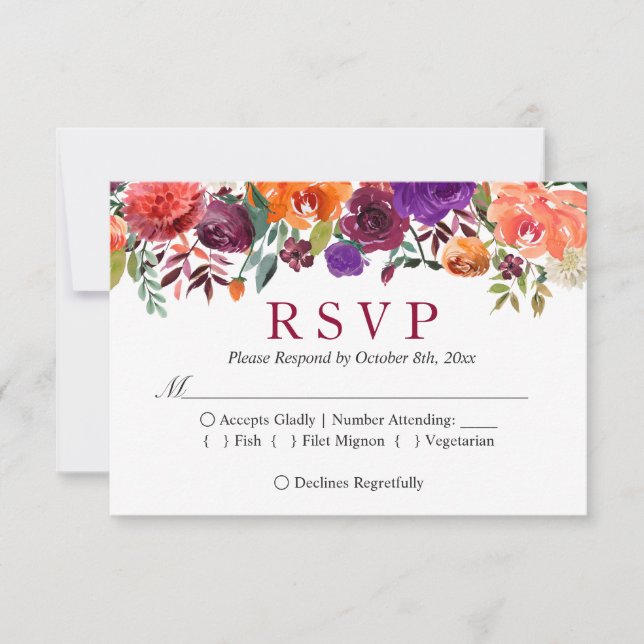Lila Orange Burgundy Floral Wedding RSVP (Vorderseite)