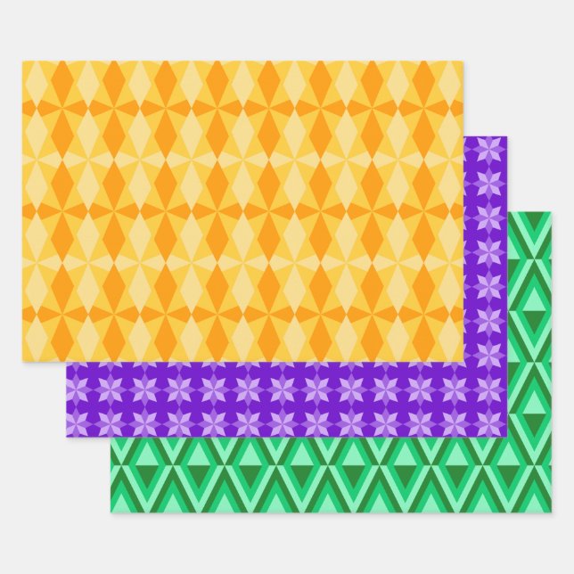 LILA ORANGE GREEN MARDI GRAS PATTERS GESCHENKPAPIER SET (Set)