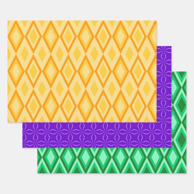 LILA ORANGE GREEN MARDI GRAS PATTERS GESCHENKPAPIER SET (Set)