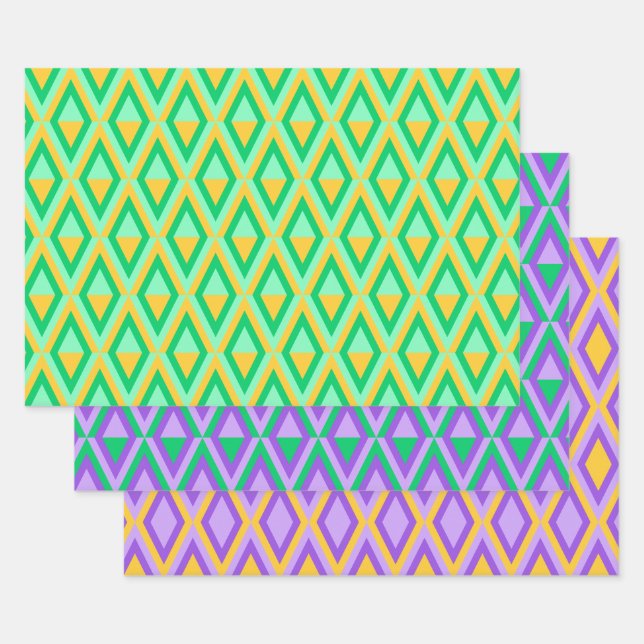 LILA ORANGE GREEN MARDI GRAS PATTERS GESCHENKPAPIER SET (Set)