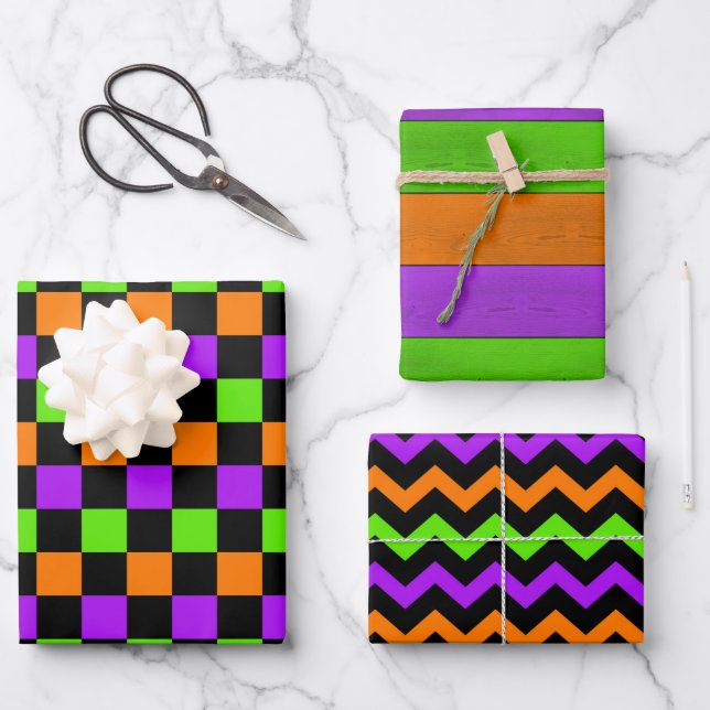 LILA ORANGE GREEN YELLOW HALLOWEEN PATTER GESCHENKPAPIER SET (Vorderseite)