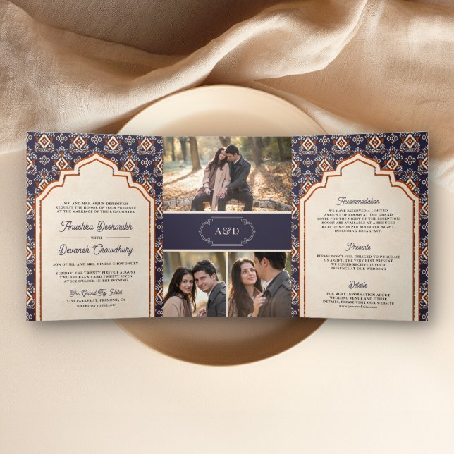 Lila Orange Ikat bei einer indischen Hochzeit Dreifach Gefaltete Einladung (Von Creator hochgeladen)