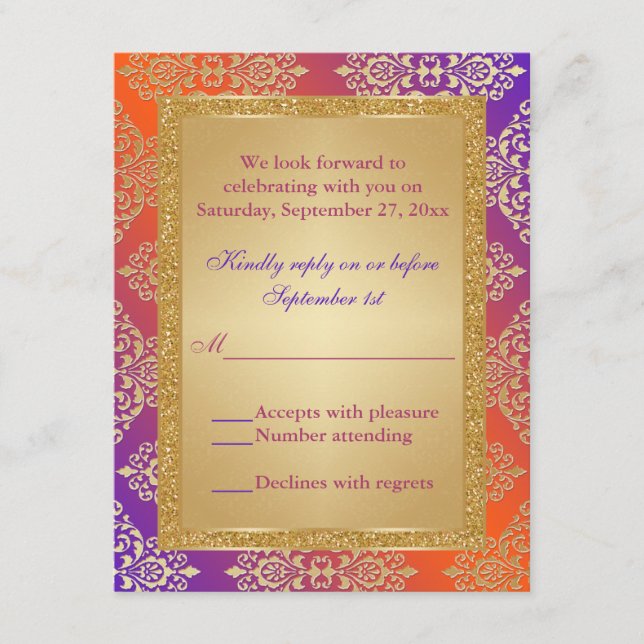Lila Orange IMITATS Gold Glitzer, Damask RSVP Kart (Vorderseite)