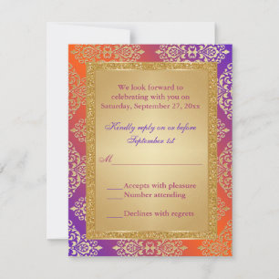 Lila Orange IMITATS Gold Glitzer, Damask RSVP Kart Karte