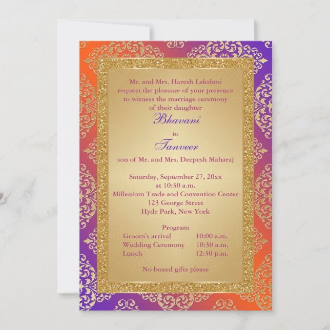 Lila, orange, laden Gold-IMITAT Glitzer-Hochzeit Einladung (Vorderseite)