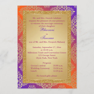 Lila, orange, laden Gold-IMITAT Glitzer-Hochzeit Einladung