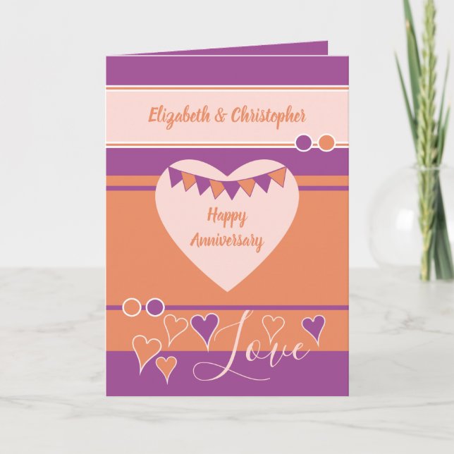 Lila Orange mit Herz und buntem Jubiläum Karte (Vorderseite)