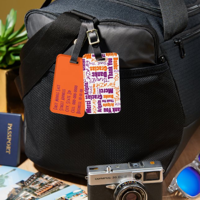 Lila Orange Multilingual Vielen Dank Typografie Gepäckanhänger (Vorderseite & Rückseite)