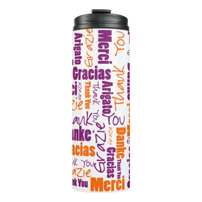 Lila Orange Multilingual Vielen Dank Typografie Thermosbecher (Vorderseite)