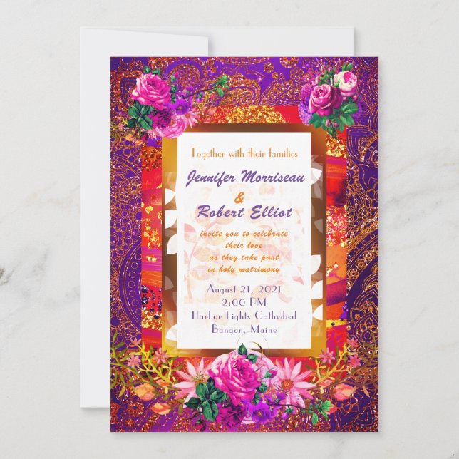 Lila Orange Paisley Floral Wedding Einladung (Rückseite)
