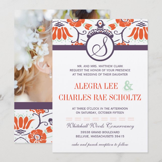 Lila Orange Persimmon und Mint Paisley Wedding Einladung (Vorne/Hinten)