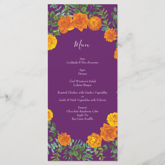 Lila Orange Rose Hochzeit Frühjahr Menükarte (Vorderseite)