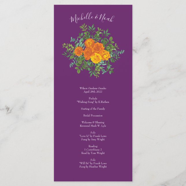 Lila Orange Rose Hochzeit Frühjahr Menükarte (Vorderseite)