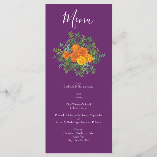 Lila Orange Rose Hochzeit Frühjahr Menükarte (Vorderseite)
