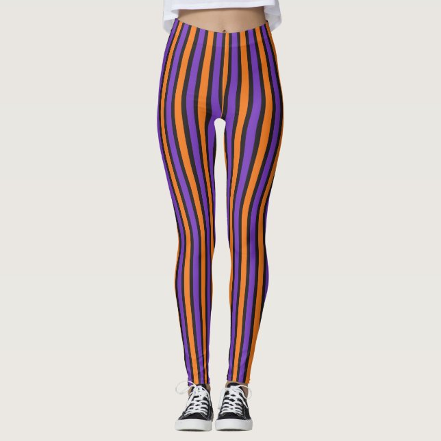 Lila orange schwarze gestreifte Halloween-Leggings Leggings (Vorderseite)