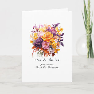 Lila, Orange und Gelbe Blumige Hochzeit Dankeskarte