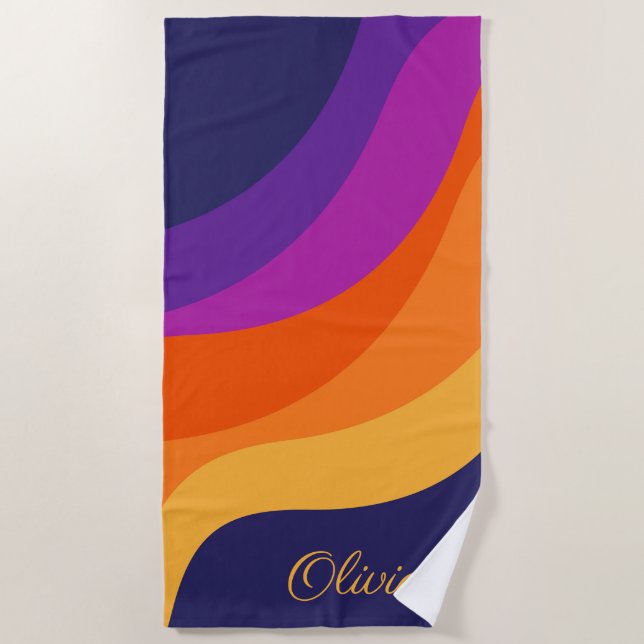 Lila orange und gelbe Retrodiagonale Strandtuch (Vorderseite)