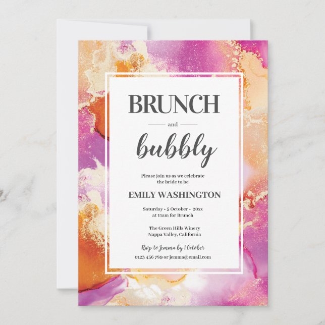 Lila, orange und goldfarbener Brunch & Bubbly Einl Einladung (Vorderseite)