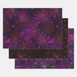 Lila, Orange und schwarze Spinnennetze Halloween-B Geschenkpapier Set