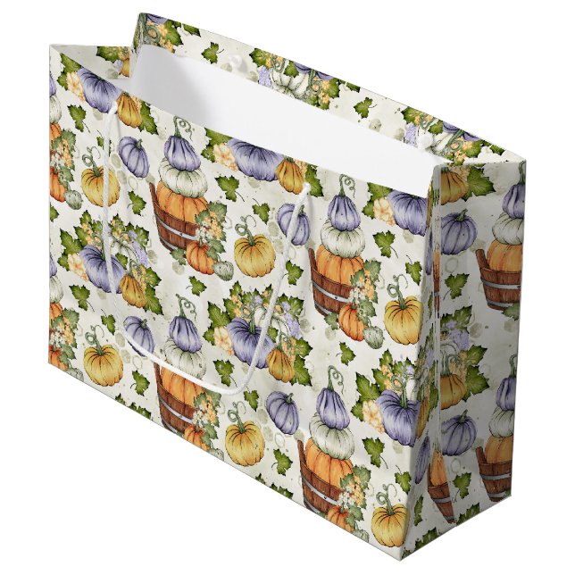 LILA ORANGE WHITE FALL PUMPKINS GROßE GESCHENKTÜTE (Vorderseite Schrägansicht)