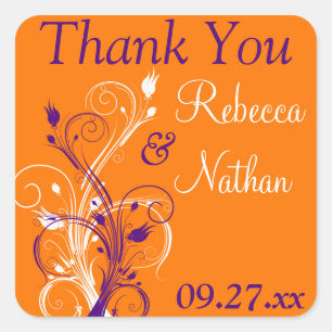 Lila Orange White Floral 1,5" Hochzeitsaufkleber 3 Quadratischer Aufkleber