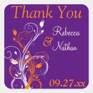 Lila Orange White Floral 1,5" Hochzeitsaufkleber Quadratischer Aufkleber