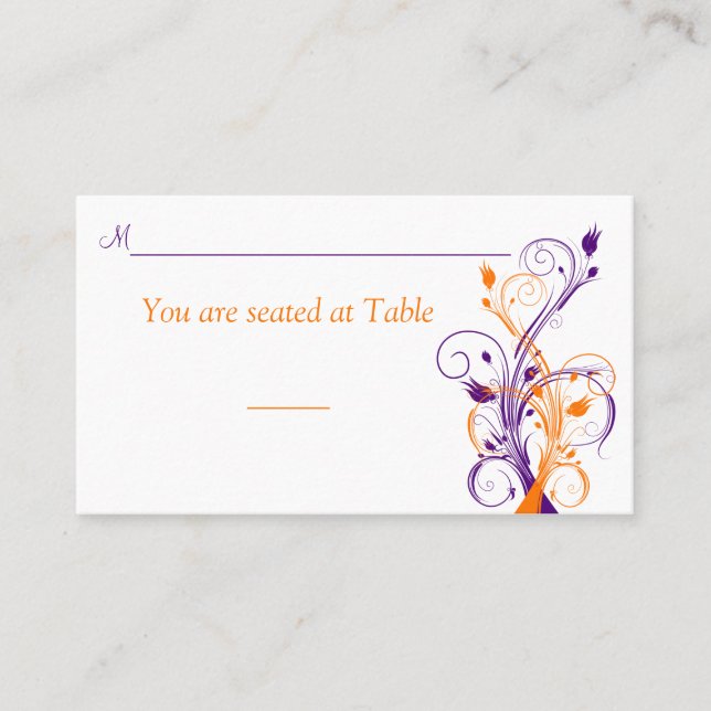 Lila Orange White Floral Wedding Platzkarte (Vorderseite)