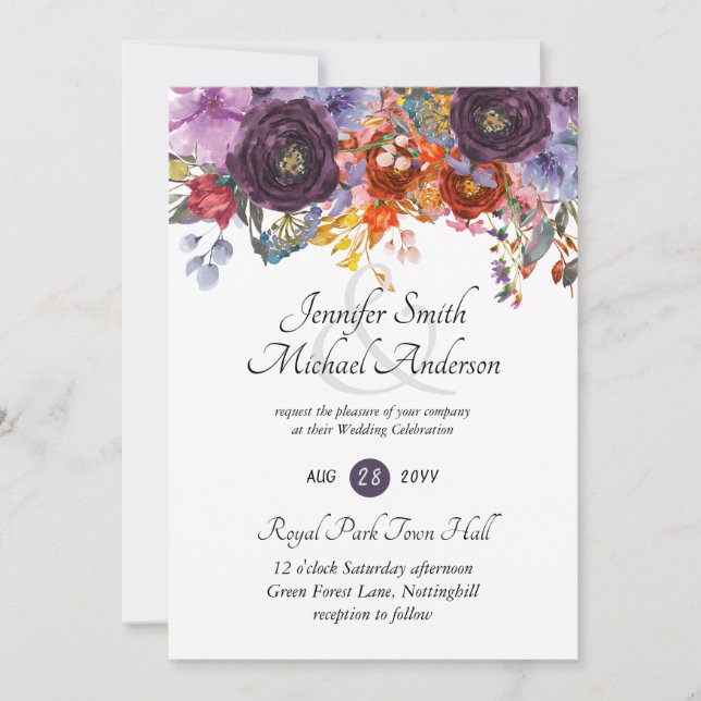 Lila Orangefarbene Rose Plum Floral Hochzeit Einla Einladung (Vorderseite)