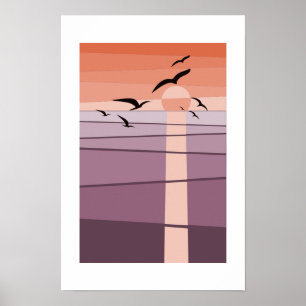 Lila Orangefarbene Seevögel bei Sonnenuntergang Ku Poster