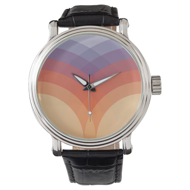 Lila, orangefarbene und blaue pastellfarbene Bögen Armbanduhr (Vorderseite)