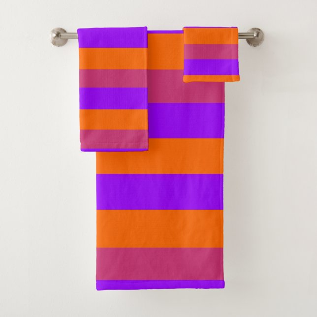 Lila, orangefarbene und rosa Streifen Badhandtuch Set (Insitu)