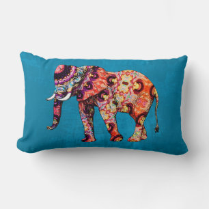 Lila orangefarbener Elefant auf blauem Grunge Lendenkissen
