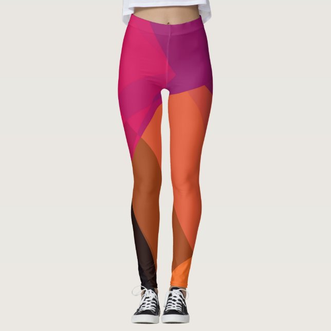 Lila orangefarbenes modernes geometrisches Muster Leggings (Vorderseite)