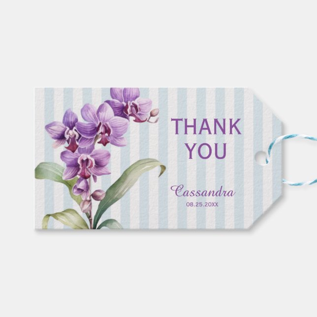 Lila orchid grüne Streifen Blumendanke Geschenkanhänger (Vorderseite (Horizontal))