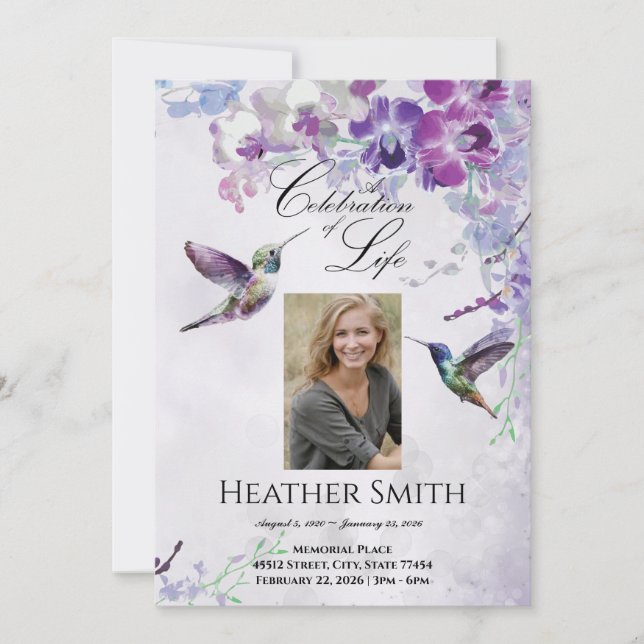 Lila Orchid Hummingbird Feier des Lebens Einladung (Vorderseite)