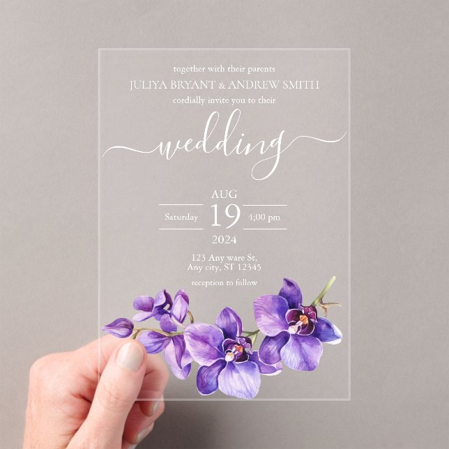 Lila Orchid-Script-Hochzeit Acryleinladungen (Insitu (Handheld))