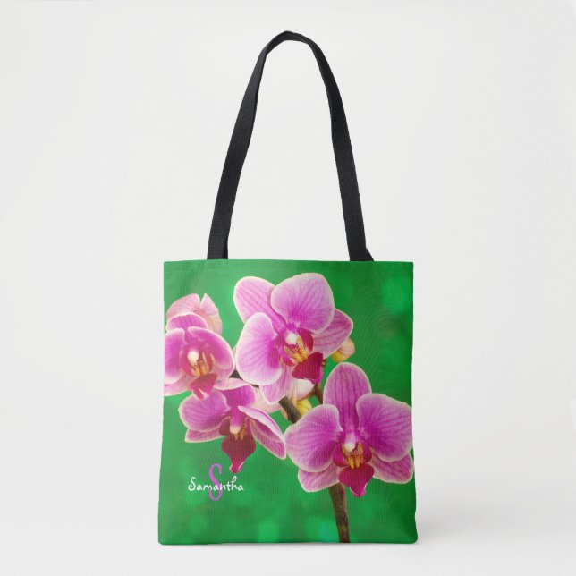 Lila Orchidee auf grüner Tragetasche Tasche (Vorderseite)