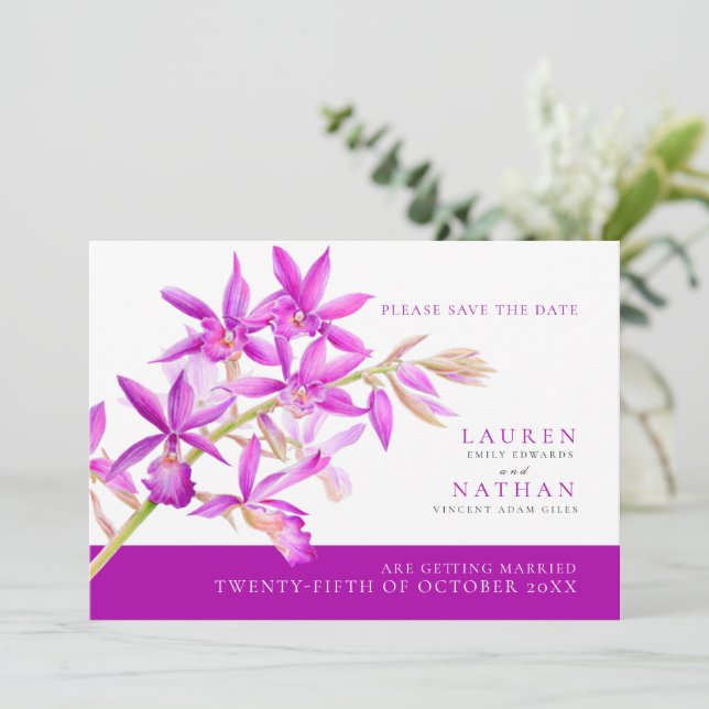 Lila Orchidee Blume Aquarell Foto Hochzeit Save The Date (Stehend Vorderseite)
