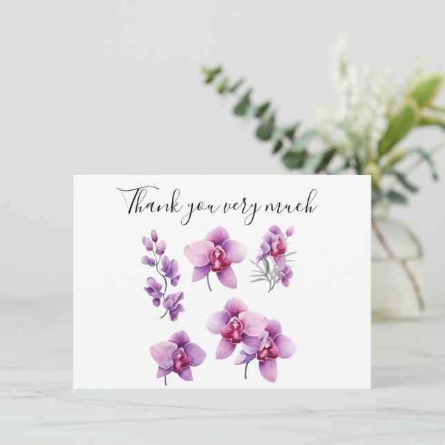 Lila Orchidee mit Stein auf weißem Grund Dankeskarte (Stehend Vorderseite)