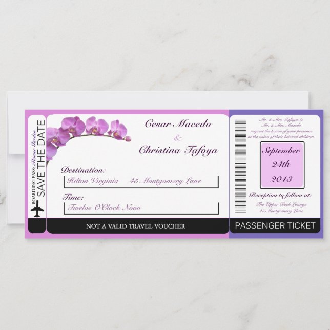 Lila Orchideen am Boarding Hochzeit Einladung (Vorderseite)