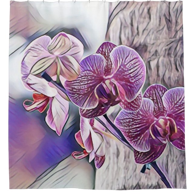 Lila Orchideen-Blume auf einem Holzgeländer Duschvorhang (Vorderseite)