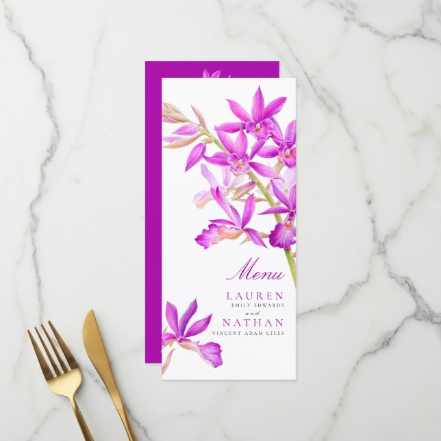 Lila Orchideen-Blume Hochzeit in Aquarellen Menükarte (Vorderseite/Rückseite Beispiel)
