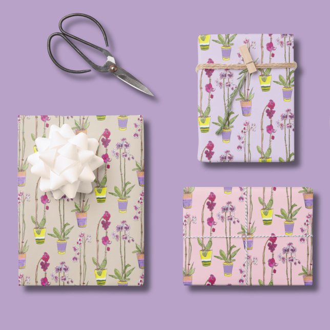 Lila Orchideen handillustrierte Geschenkpapier-Set Geschenkpapier Set (Orchid gift wrap features whimsical potted orchids against retro pastel backgrounds.)