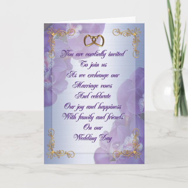 Lila Orchideen Hochzeitsempfang Goldherzen Einladung (Vorderseite)
