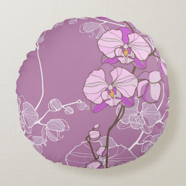 Lila Orchideen-Muster Rundes Kissen (Vorderseite)