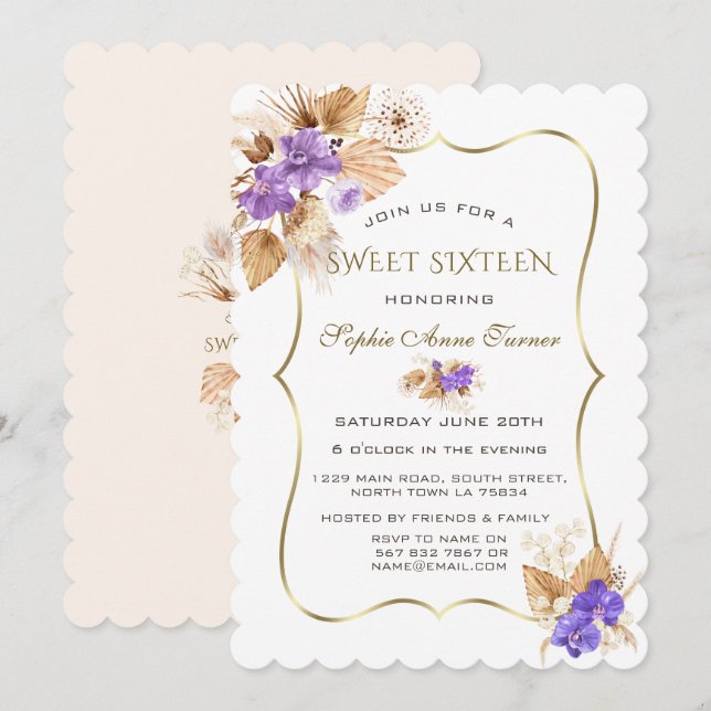 Lila Orchideen Pampas Grass Gold Rahmen Sweet 16 Einladung (Vorne/Hinten)