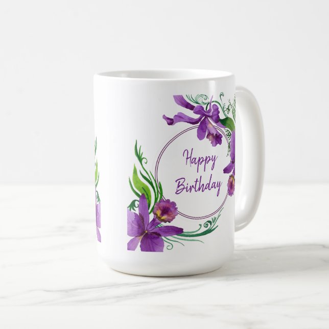Lila Orchids glücklich Geburtstag Kaffeetasse (VorderseiteRechts)